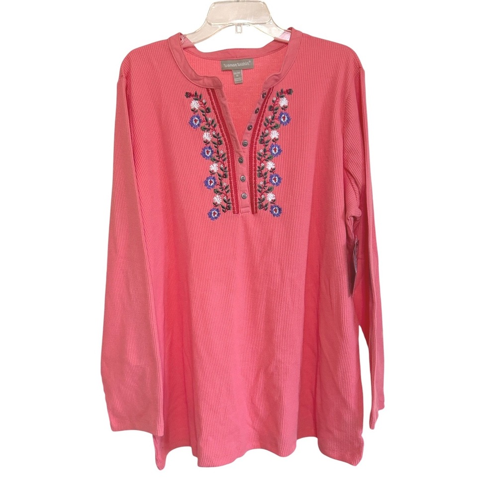 Woman Within Womens 1X 22/24 Coral Pink Embroidered Waffle Knit‎ Henley Top NEW